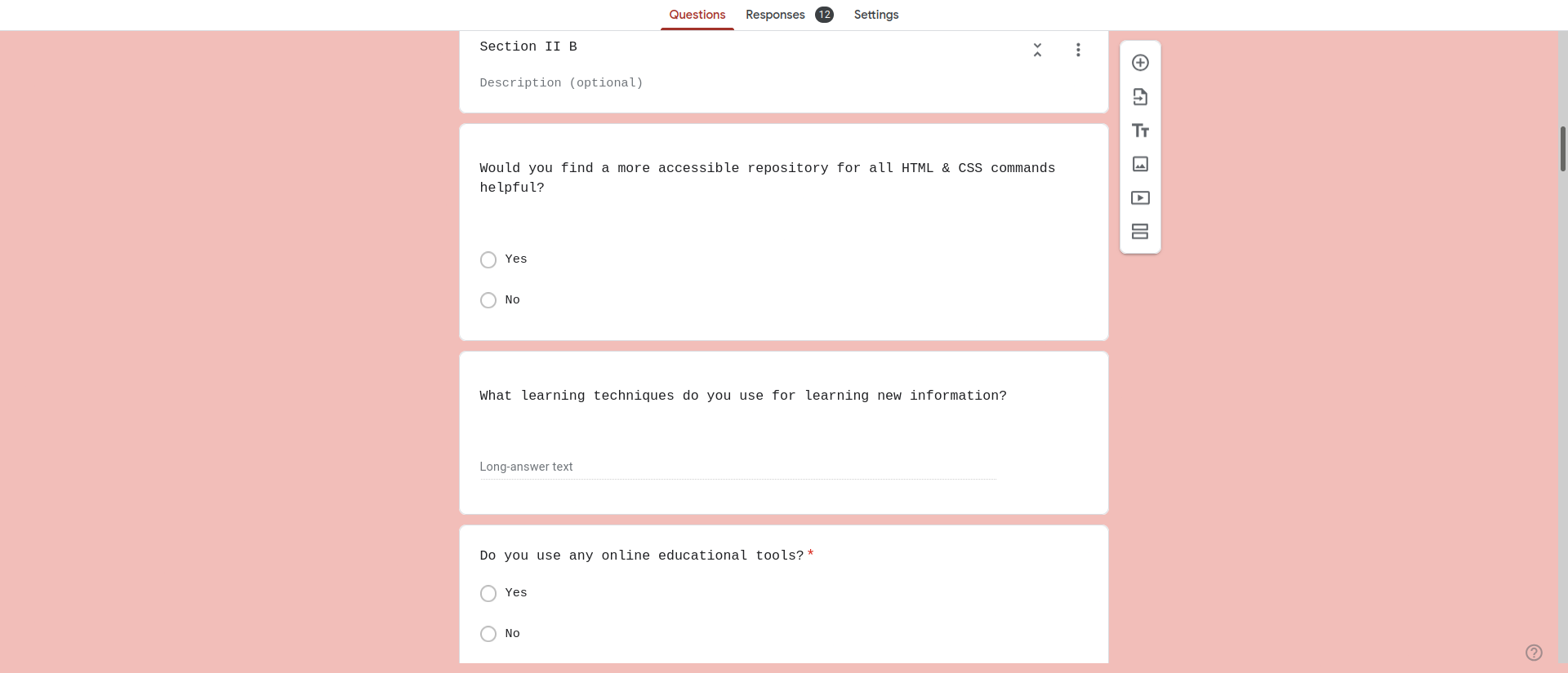  Example questions from our Survey